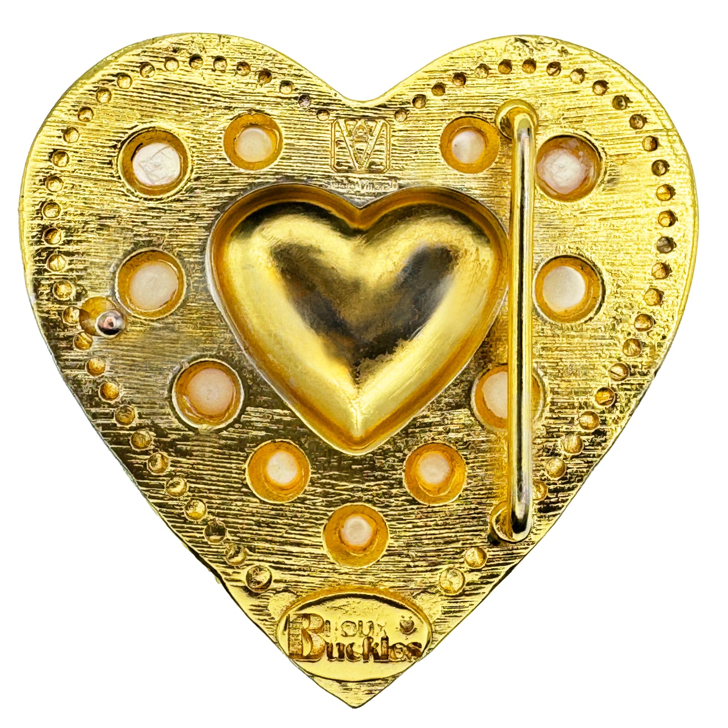 A CUSTOM GOLD HEART SHAPED BELT BUCKLE WITH FRESHWATER PEARLS ACCENTS VIEW OF THE BACK