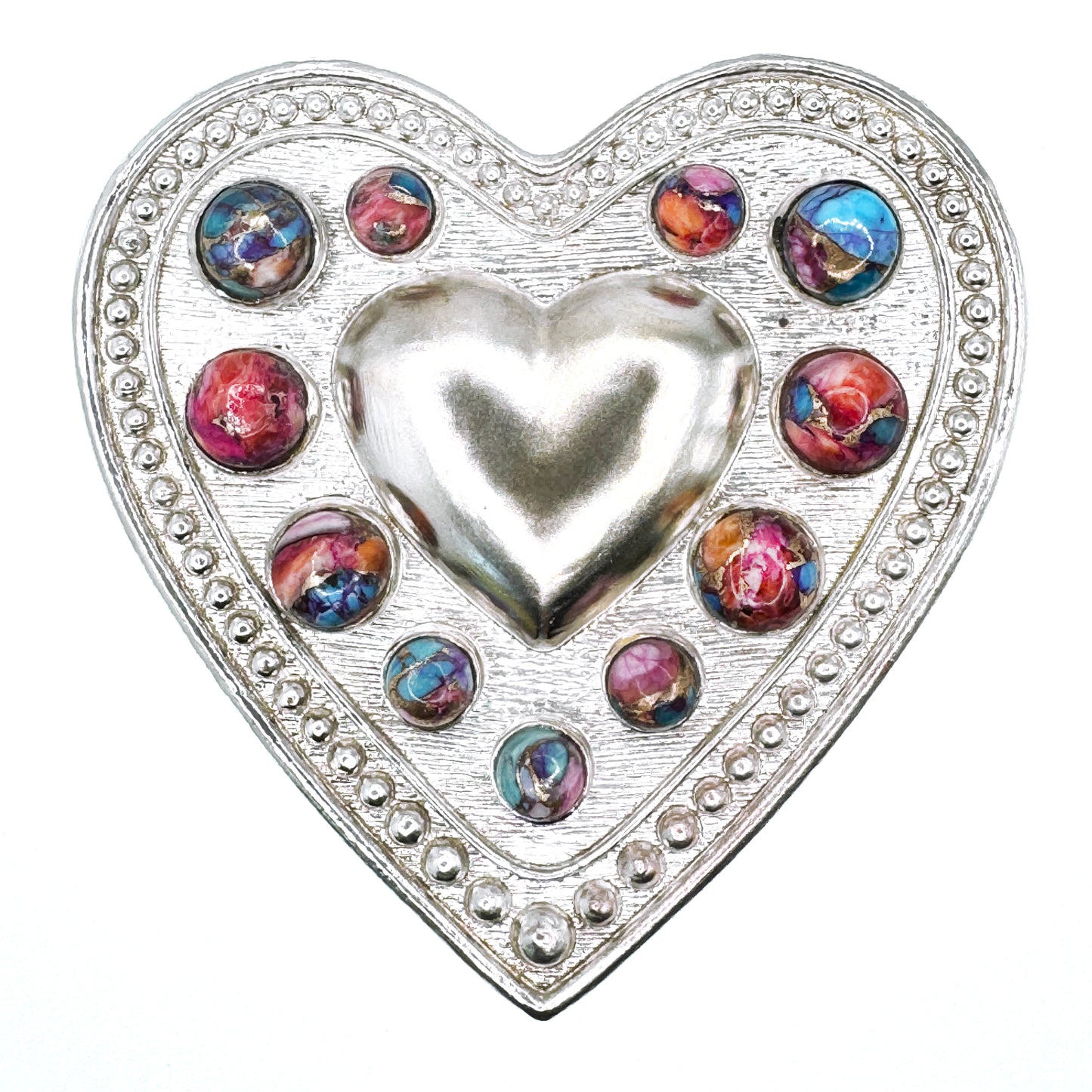 HEART SHAPED SILVER BELT BUCKLE WITH PINK COPPER TURQUOISE ACCENTS