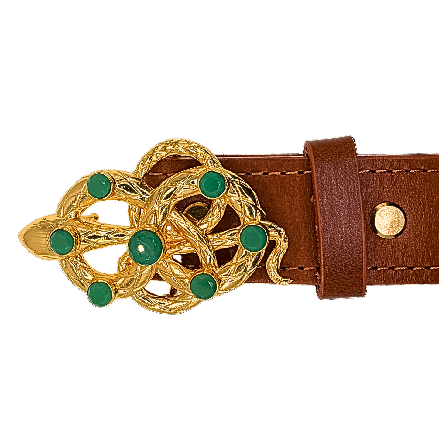 Gold Snake Gemstone Belt Buckle + BrownItalian Leather Belt