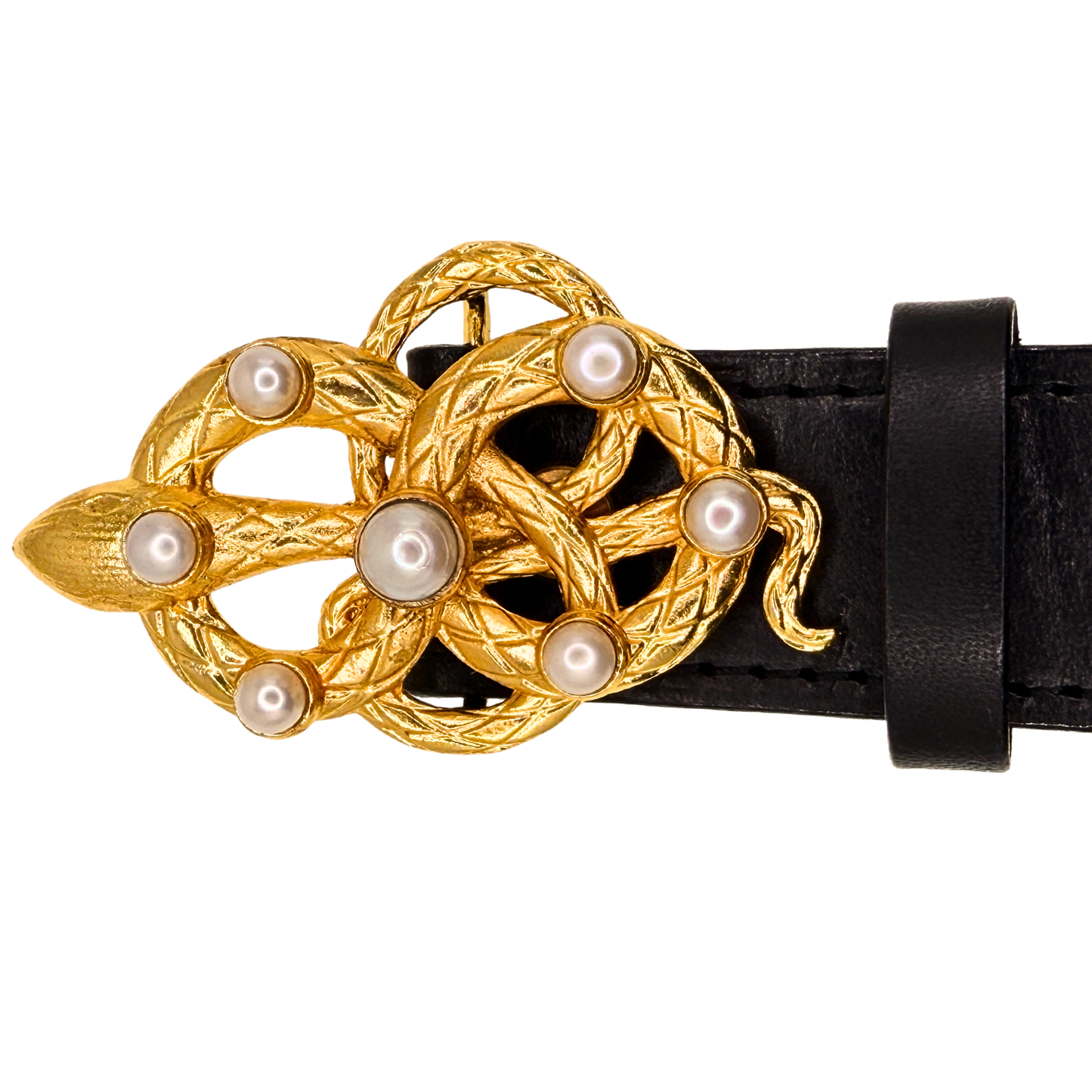Gold Snake Pearl Belt Buckle + Black Italian Leather Belt