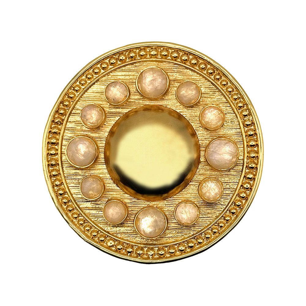 A CUSTOM GOLD ROUND LUNAR SHAPED BELT BUCKLE WITH FACETED RAINBOW MOONSTONE ACCENTS