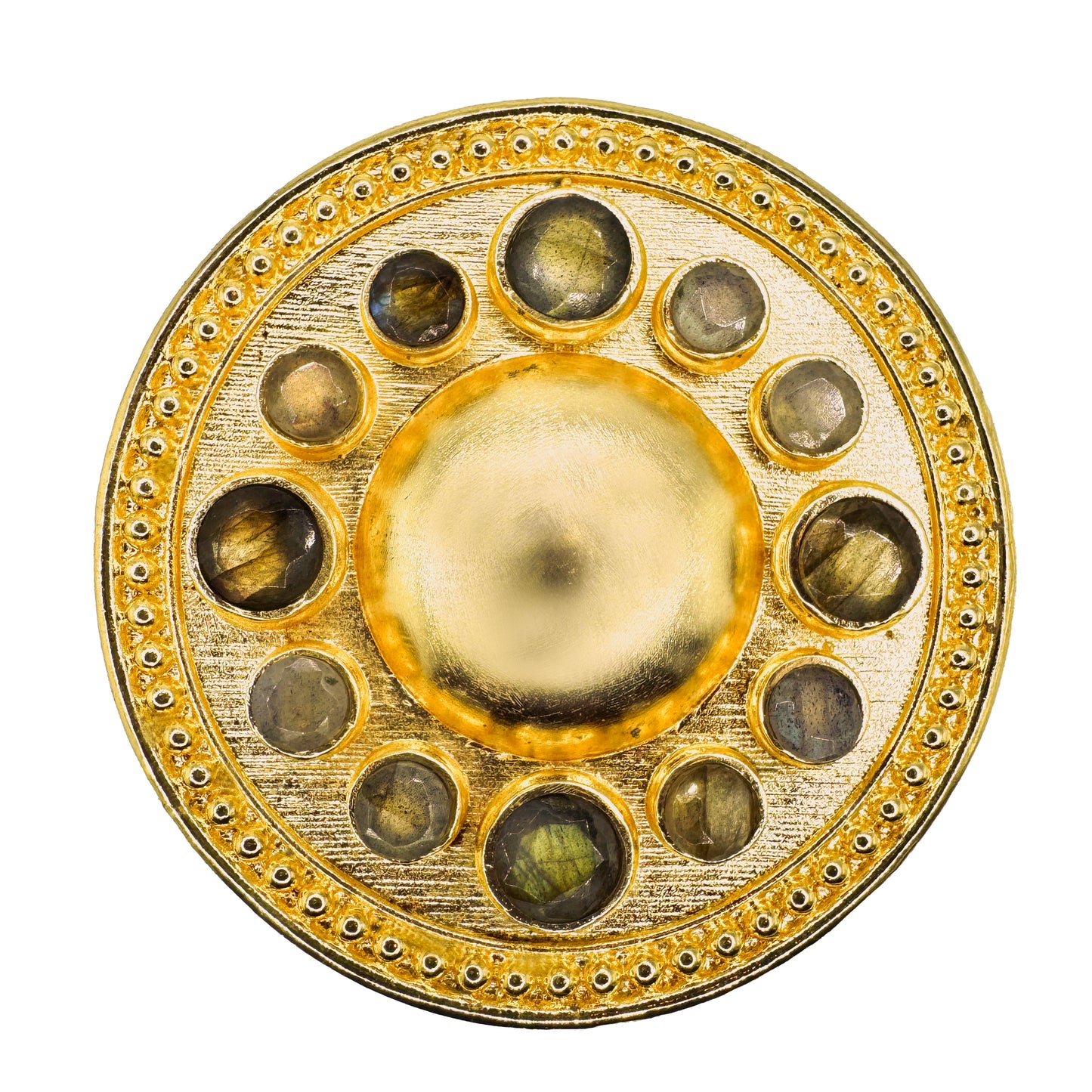 Decorative circular gold belt buckle with Labradorite gemstones