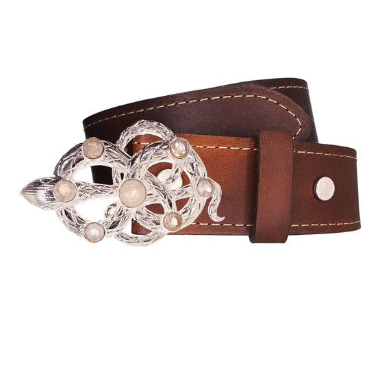 LE SERPENT Faceted Rainbow Moonstone Gemstone Silver Buckle + Artisan Leather Belt