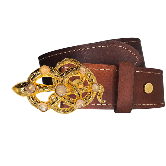 LE SERPENT Faceted Rainbow Moonstone Gemstone Gold Buckle + Artisan Leather Belt