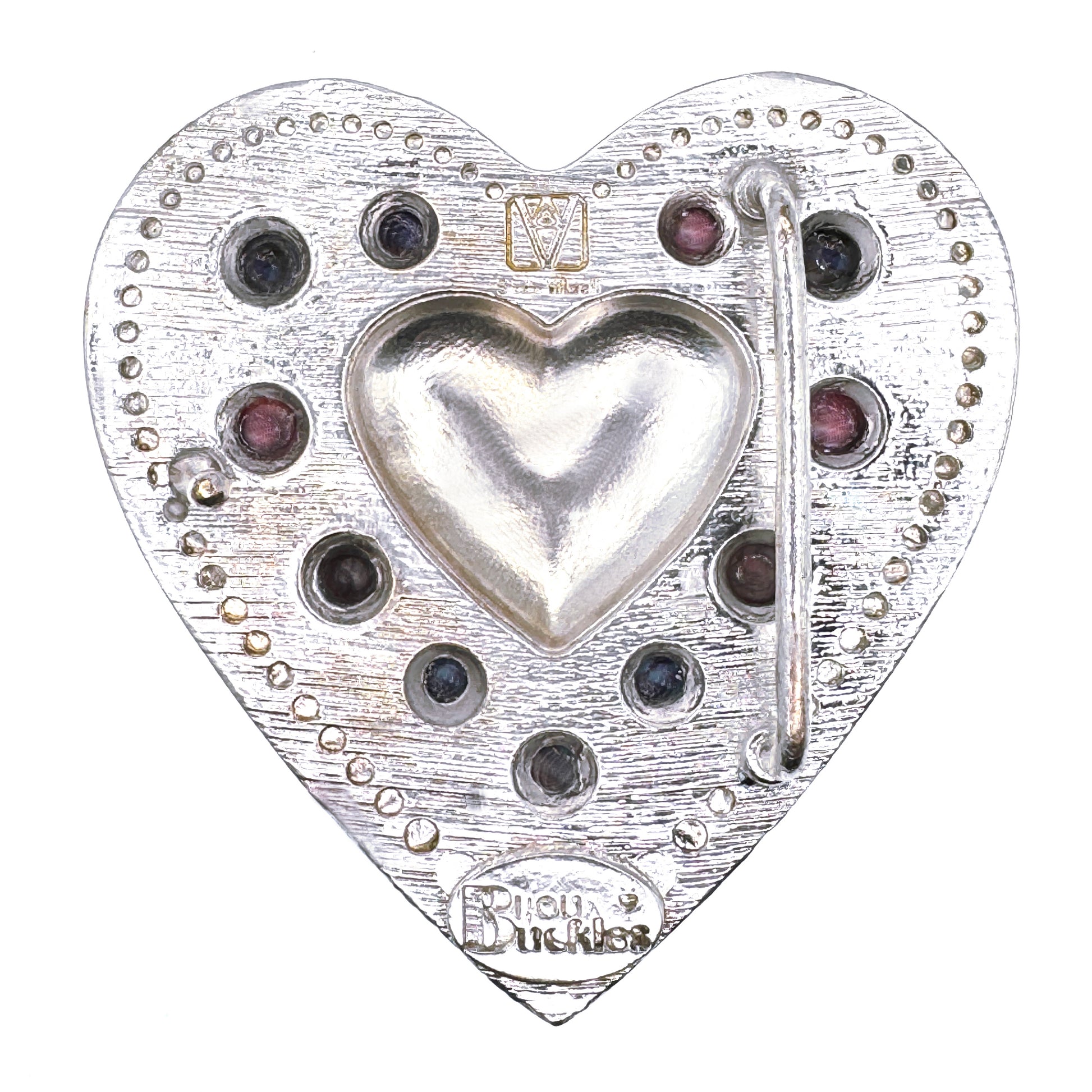 BACK OF HEART SHAPED SILVER BELT BUCKLE WITH PINK COPPER TURQUOISE ACCENTS
