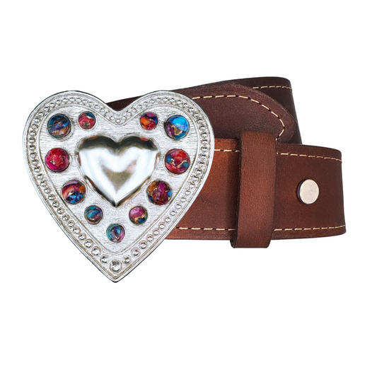 Silver heart-shaped belt buckle featuring colorful Pink Spiny Oyster gemstones on a brown Italian leather belt.