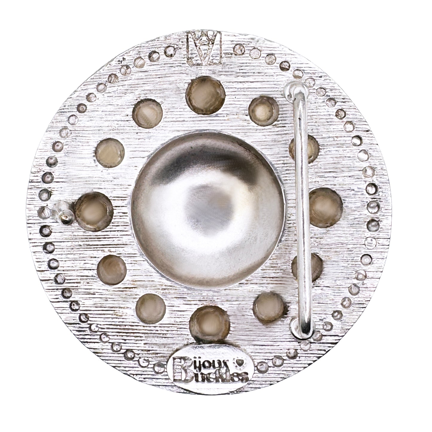 BACK OF ROUND SILVER BELT BUCKLE WITH PEARL ACCENTS