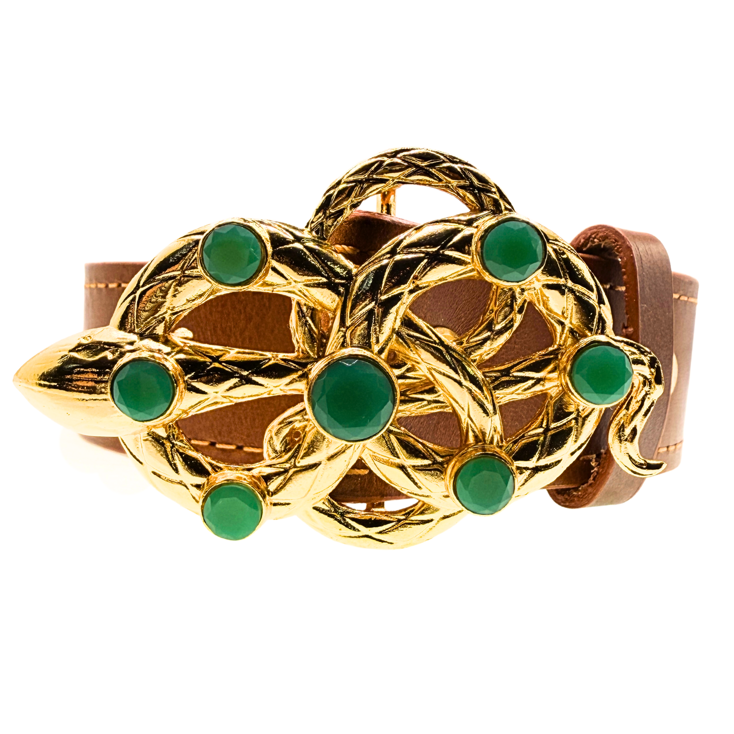 Gold Snake Gemstone Belt Buckle + BrownItalian Leather Belt