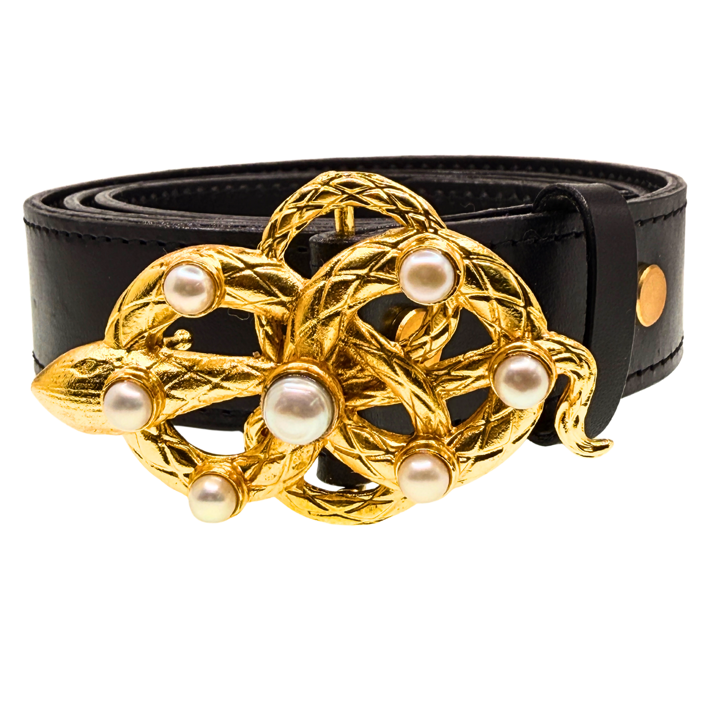 Gold Snake Pearl Belt Buckle + Black Italian Leather Belt