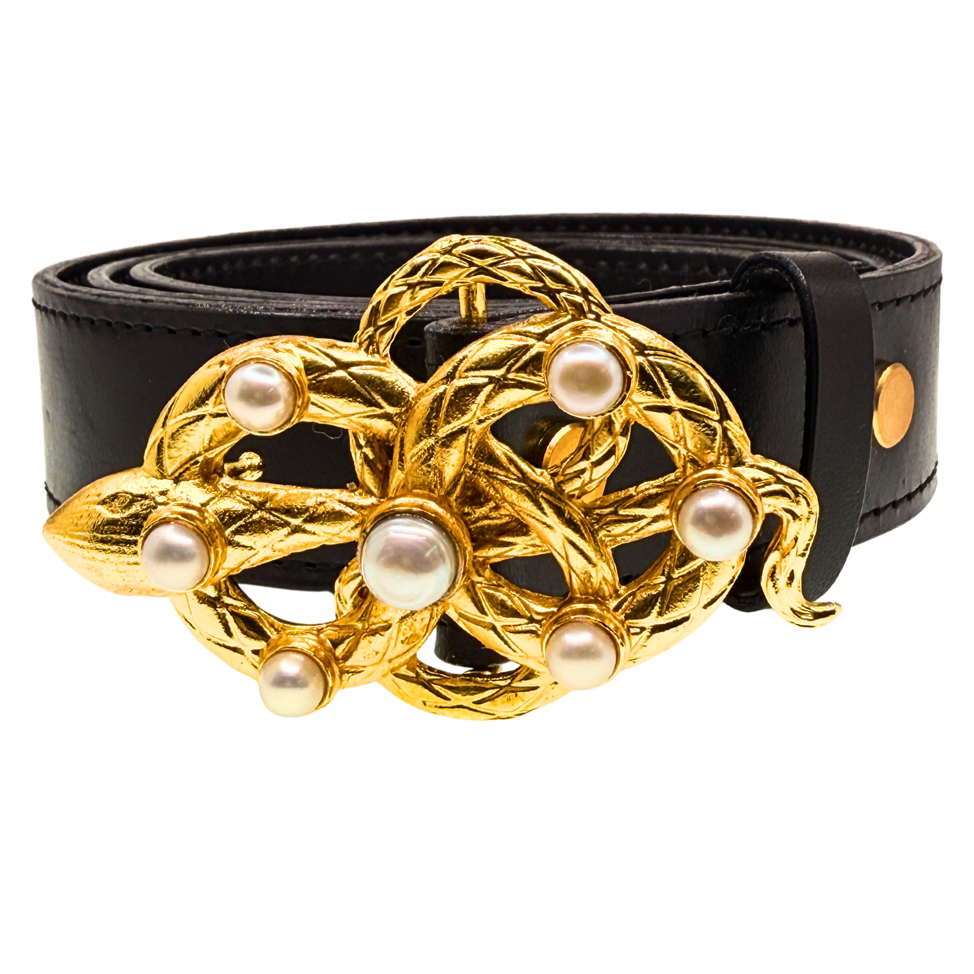 Gold Snake Pearl Belt Buckle + Black Italian Leather Belt