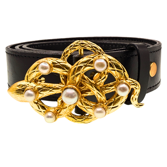 Gold Snake Pearl Belt Buckle + Black Italian Leather Belt