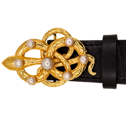 Gold Snake Pearl Belt Buckle + Black Italian Leather Belt