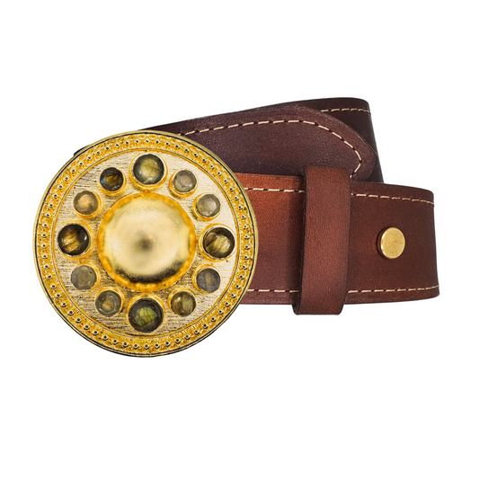 Brown Italian leather belt with a large decorative gold circle buckle with Labradorite gemstones on a white background