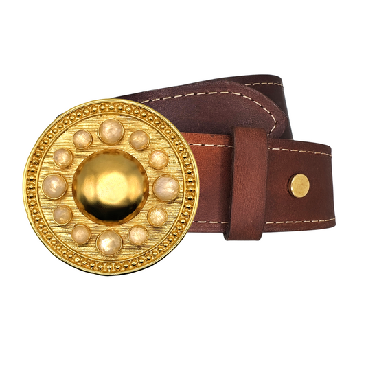 LUNAIRE Faceted Rainbow Moonstone Gemstone Gold Buckle + Artisan Leather Belt