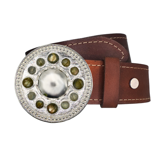 Brown Italian leather belt with a decorative round silver buckle featuring Labradorite gemsiones on a white background.