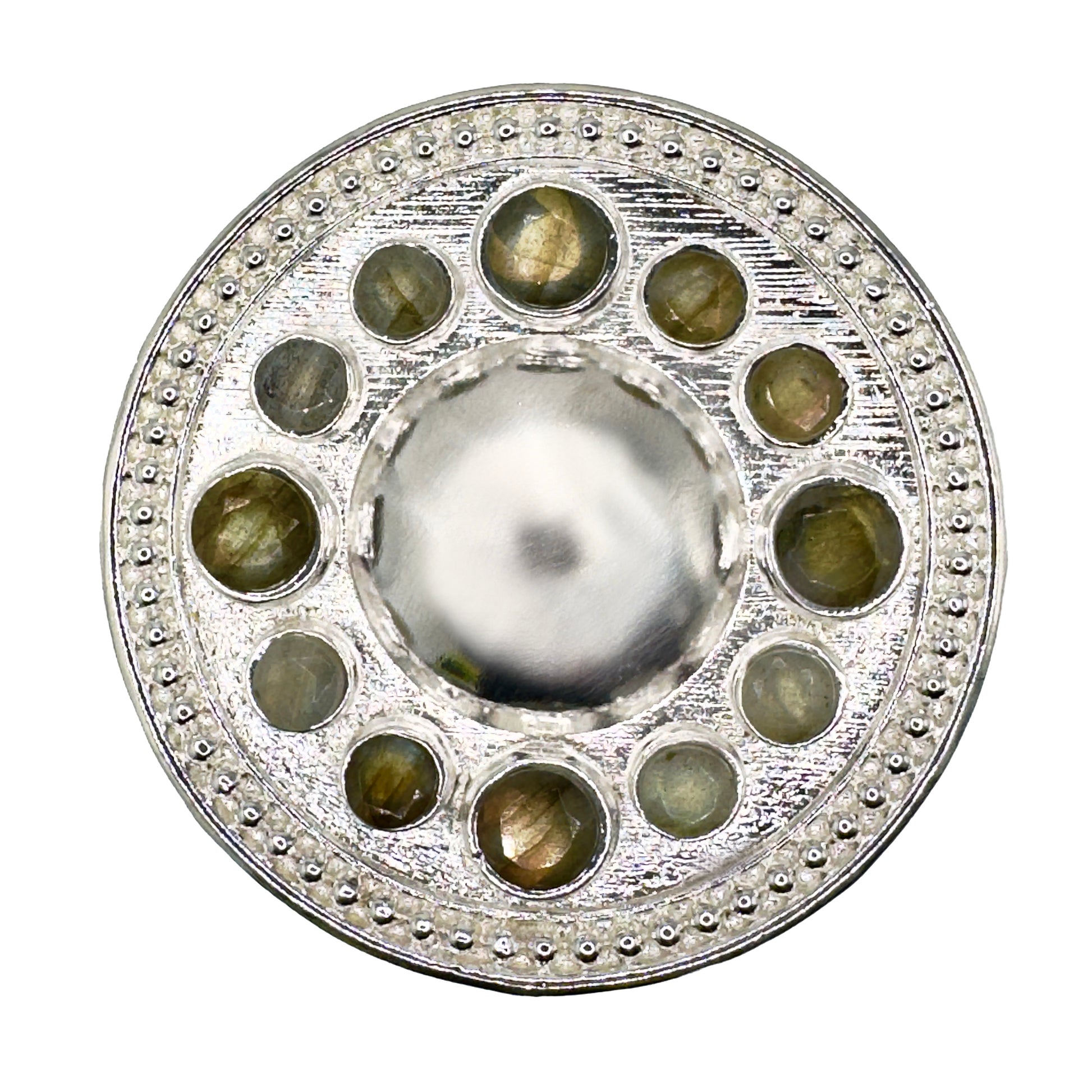 Decorative silver circular belt buckle featuring Labradorite gemstones.