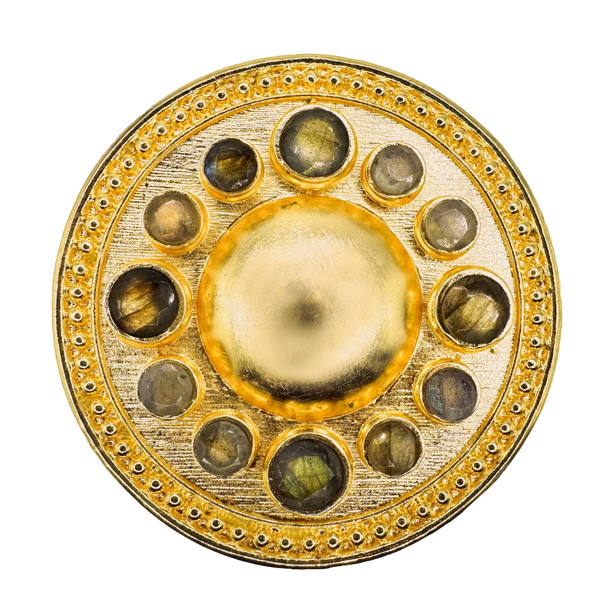 Decorative circular gold belt buckle with Labradorite gemstones