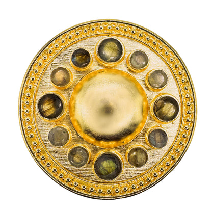 Decorative circular gold belt buckle with Labradorite gemstones