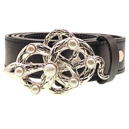 Silver Snake Pearl Belt Buckle + Black Italian Leather Belt