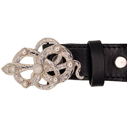 Silver Snake Pearl Belt Buckle + Black Italian Leather Belt